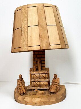 Vintage Wooden Folk Art Lamp. Hand Carved French Canadian Rustic Cabin Scene.